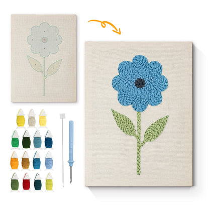 Blue Flower with Green Leaves - Punch Needle